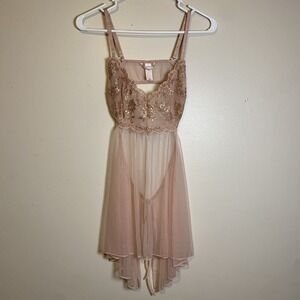 Victorias Secret Babydoll Lingerie Womens Medium Pink Gold Lace Sheer Negligee